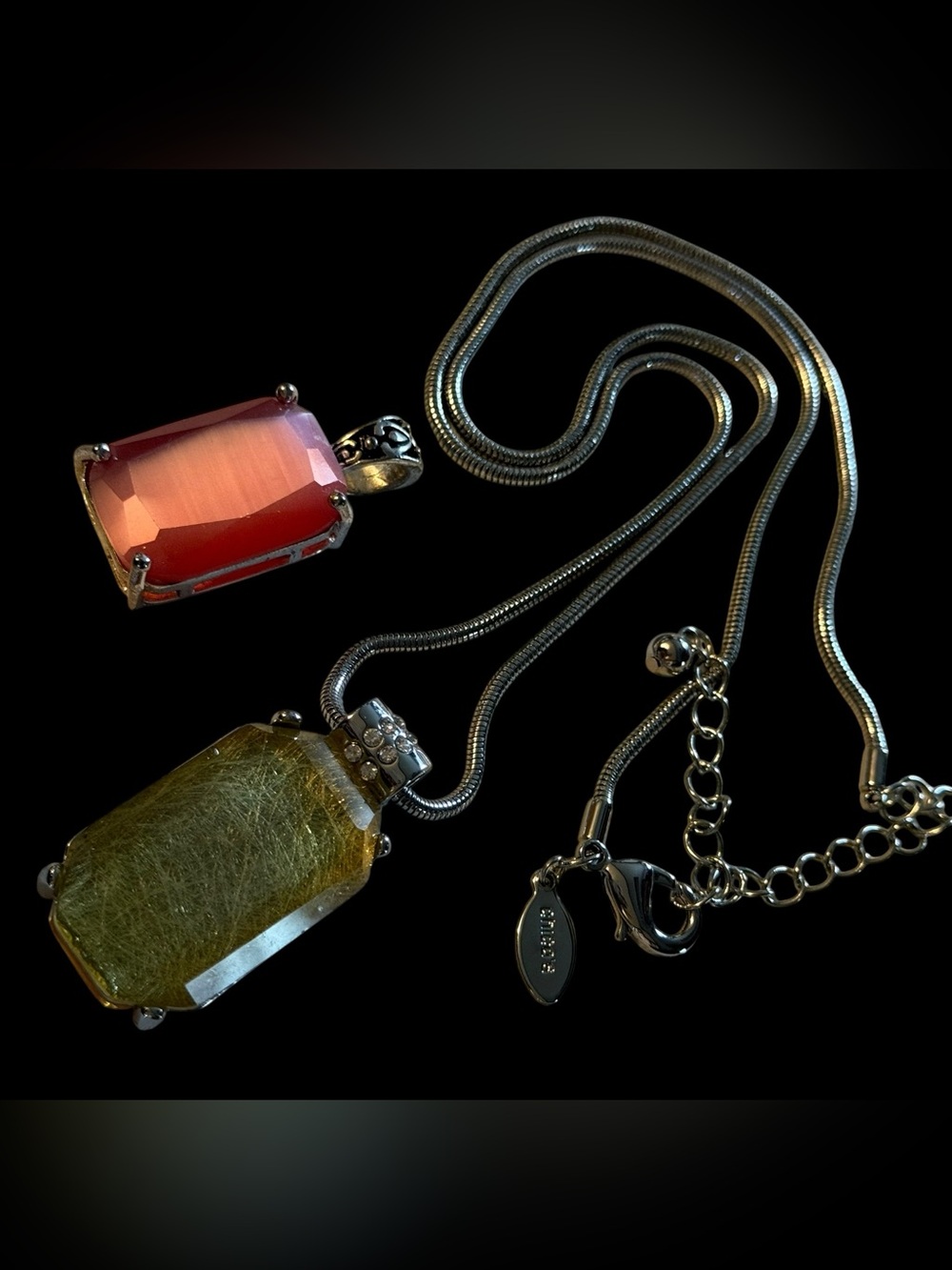 Chico’s Silver Tone Necklace with Pink and Olive Green Gemstone Pendants